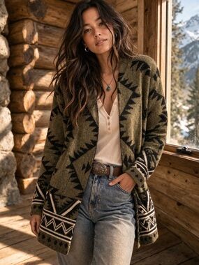 FRYE Olive Green Aztec Print Open Front Cardigan Western Boho Cozy Knit Small